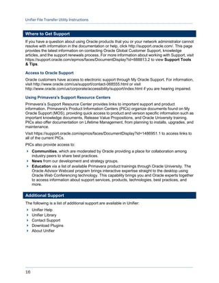 Unifier File Transfer Utility Instructions
16
Where to Get Support
If you have a question about using Oracle products that you or your network administrator cannot
resolve with information in the documentation or help, click http://support.oracle.com/. This page
provides the latest information on contacting Oracle Global Customer Support, knowledge
articles, and the support renewals process. For more information about working with Support, visit
https://support.oracle.com/epmos/faces/DocumentDisplay?id=888813.2 to view Support Tools
& Tips.
Access to Oracle Support
Oracle customers have access to electronic support through My Oracle Support. For information,
visit http://www.oracle.com/us/support/contact-068555.html or visit
http://www.oracle.com/us/corporate/accessibility/support/index.html if you are hearing impaired.
Using Primavera's Support Resource Centers
Primavera’s Support Resource Center provides links to important support and product
information. Primavera's Product Information Centers (PICs) organize documents found on My
Oracle Support (MOS), providing quick access to product and version specific information such as
important knowledge documents, Release Value Propositions, and Oracle University training.
PICs also offer documentation on Lifetime Management, from planning to installs, upgrades, and
maintenance.
Visit https://support.oracle.com/epmos/faces/DocumentDisplay?id=1486951.1 to access links to
all of the current PICs.
PICs also provide access to:
 Communities, which are moderated by Oracle providing a place for collaboration among
industry peers to share best practices.
 News from our development and strategy groups.
 Education via a list of available Primavera product trainings through Oracle University. The
Oracle Advisor Webcast program brings interactive expertise straight to the desktop using
Oracle Web Conferencing technology. This capability brings you and Oracle experts together
to access information about support services, products, technologies, best practices, and
more.
Additional Support
The following is a list of additional support are available in Unifier:
 Unifier Help
 Unifier Library
 Contact Support
 Download Plugins
 About Unifier
 