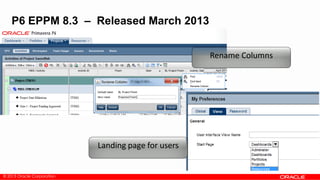 © 2013 Oracle Corporation
P6 EPPM 8.3 – Released March 2013
Rename Columns
Landing page for users
 
