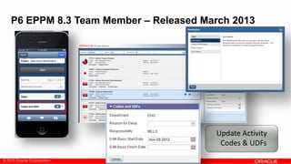 © 2013 Oracle Corporation
Update Activity
Codes & UDFs
P6 EPPM 8.3 Team Member – Released March 2013
 