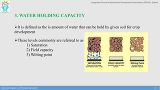 Integrated Rural and Agricultural Development Association (IRADA), Satara
Advanced Irrigation and Precision Agriculture 11
3. WATER HOLDING CAPACITY
It is defined as the is amount of water that can be hold by given soil for crop
development.
These levels commonly are referred to as
1) Saturation
2) Field capacity
3) Wilting point
 