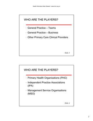 Health Informatics New Zealand - www.hinz.org.nz




WHO ARE THE PLAYERS?

  General Practice – Teams
  General Practice – Business
  Other Primary Care Clinical Providers




                                                         Slide 3




WHO ARE THE PLAYERS?

  Primary Health Organisations (PHO)
  Independent Practice Associations
  (IPA)
  Management Service Organisations
  (MSO)


                                                         Slide 4




                                                                   2
 