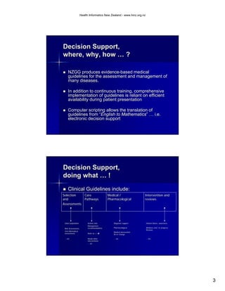 Health Informatics New Zealand - www.hinz.org.nz




Decision Support,
where, why, how … ?

    NZGG produces evidence-based medical
                      evidence-
    guidelines for the assessment and management of
    many diseases.

    In addition to continuous training, comprehensive
    implementation of guidelines is reliant on efficient
    availability during patient presentation

    Computer scripting allows the translation of
    guidelines from “English to Mathematics” … i.e.
                                Mathematics”
    electronic decision support




Decision Support,
doing what … !
    Clinical Guidelines include:
Selection   Care                             Medical /                 Intervention and
and         Pathways                         Pharmacological           reviews.
Assessments




 Select population         Actions and          Diagnosis support       Patient Advice, awareness.
                           Management
 Risk Assessments          recommendations      Pharmacological         Wellness and / or progress
                                                                        Reviews
 (Incl Biomedical                               Medical intervention
 assessment)               Refer to ==          Rx or Change

 … etc                     Needs other          … etc                   … Etc
                           interventions
                           … etc




                                                                                                     3
 