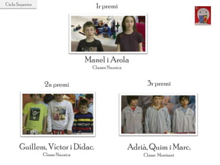 2n premi
Guillem, Víctor i Dídac.
Classe Nausica
3r premi
Adrià, Quim i Marc.
Classe Montsant
1r premi
Manel i Arola
Classes Nausica
Cicle Superior
 