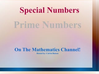 Special Numbers
Prime Numbers

On The Mathematics Channel!
         Hosted by: Calvin Butson
 