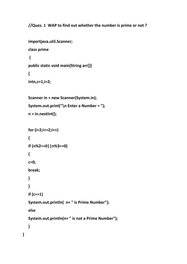 WAP to find out whether the number is prime or not in java | PDF
