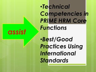 assist
•Technical
Competencies in
PRIME HRM Core
Functions
•Best/Good
Practices Using
International
Standards
 