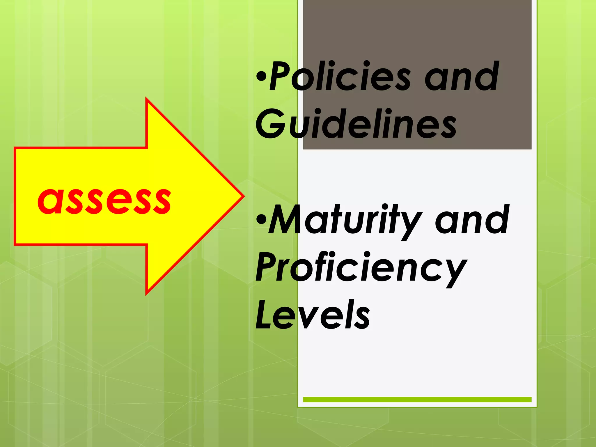 assess
•Policies and
Guidelines
•Maturity and
Proficiency
Levels
 