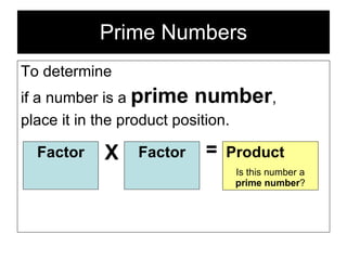 Prime Numbers To determine  if a number is a  prime number ,  place it in the product position. Product Is this number a  prime number ? Factor X Factor = 