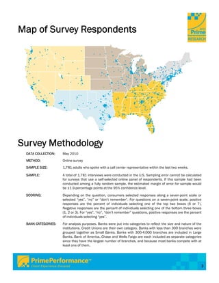 Map of Survey Respondents




Survey Methodology
 DATA COLLECTION:   May 2010
 METHOD:            Online survey
 SAMPLE SIZE:       1,781 adults who spoke with a call center representative within the last two weeks.

 SAMPLE:            A total of 1,781 interviews were conducted in the U.S. Sampling error cannot be calculated
                    for surveys that use a self-selected online panel of respondents. If this sample had been
                    conducted among a fully random sample, the estimated margin of error for sample would
                    be ±1.9 percentage points at the 95% confidence level.

 SCORING:           Depending on the question, consumers selected responses along a seven-point scale or
                    selected “yes”, “no” or “don’t remember”. For questions on a seven-point scale, positive
                    responses are the percent of individuals selecting one of the top two boxes (6 or 7).
                    Negative responses are the percent of individuals selecting one of the bottom three boxes
                    (1, 2 or 3). For “yes”, “no”, “don’t remember” questions, positive responses are the percent
                    of individuals selecting “yes”.
 BANK CATEGORIES:   For analysis purposes, Banks were put into categories to reflect the size and nature of the
                    institutions. Credit Unions are their own category. Banks with less than 300 branches were
                    grouped together as Small Banks. Banks with 300-4,000 branches are included in Large
                    Banks. Bank of America, Chase and Wells Fargo are each included as separate categories
                    since they have the largest number of branches, and because most banks compete with at
                    least one of them.




                                                                                                               3
 