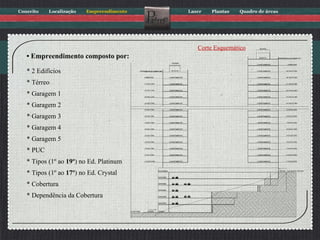 •  Empreendimento composto por: * 2 Edifícios * Térreo * Garagem 1  * Garagem 2 * Garagem 3 * Garagem 4 * Garagem 5 * PUC * Tipos (1º ao  19º ) no Ed. Platinum * Tipos (1º ao  17º ) no Ed. Crystal * Cobertura * Dependência da Cobertura Corte Esquemático 