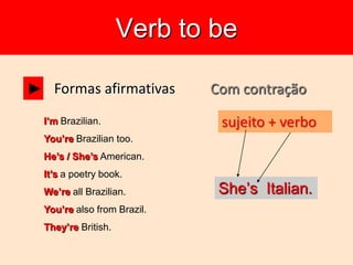 Verb to be
Formas afirmativas
I’m Brazilian.
You’re Brazilian too.
He’s / She’s American.
It’s a poetry book.
We’re all Brazilian.
You’re also from Brazil.
They’re British.
►
sujeito + verbo
She’s Italian.
Com contração
 