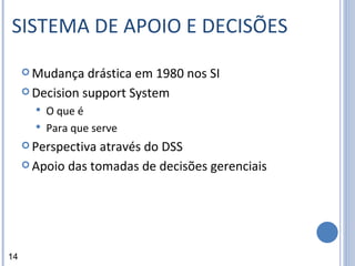 SISTEMA DE APOIO E DECISÕES Mudança drástica em 1980 nos SI Decision support System O que é Para que serve Perspectiva através do DSS Apoio das tomadas de decisões gerenciais 14 