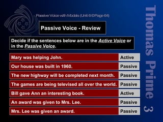 Passive Voice with Modals (Unit 6 – Page 64) 3 Decide if the sentences below are in the  Active Voice  or in the  Passive Voice . Mary was helping John. Our house was built in 1960. Passive Voice - Review The new highway will be completed next month. Bill gave Ann an interesting book. The games are being televised all over the world. An award was given to Mrs. Lee. Mrs. Lee was given an award. Active Passive Passive Passive Active Passive Passive 