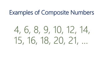 Examples of Composite Numbers
4, 6, 8, 9, 10, 12, 14,
15, 16, 18, 20, 21, …
 