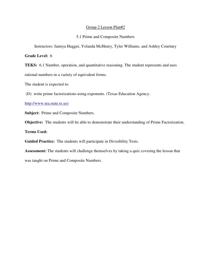 Prime and composite numbers lesson plan