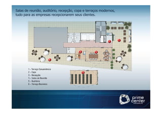Salas de reunião, auditório, recepção, copa e terraços modernos,
tudo para as empresas recepcionarem seus clientes.
 