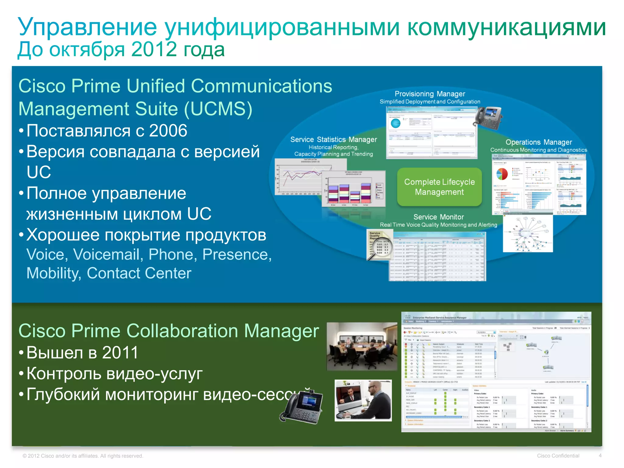 © 2012 Cisco and/or its affiliates. All rights reserved. Cisco Confidential 4
Cisco Prime Collaboration Manager
•Вышел в 2011
•Контроль видео-услуг
•Глубокий мониторинг видео-сессий
Cisco Prime Unified Communications
Management Suite (UCMS)
•Поставлялся с 2006
•Версия совпадала с версией
UC
•Полное управление
жизненным циклом UC
•Хорошее покрытие продуктов
Voice, Voicemail, Phone, Presence,
Mobility, Contact Center
 