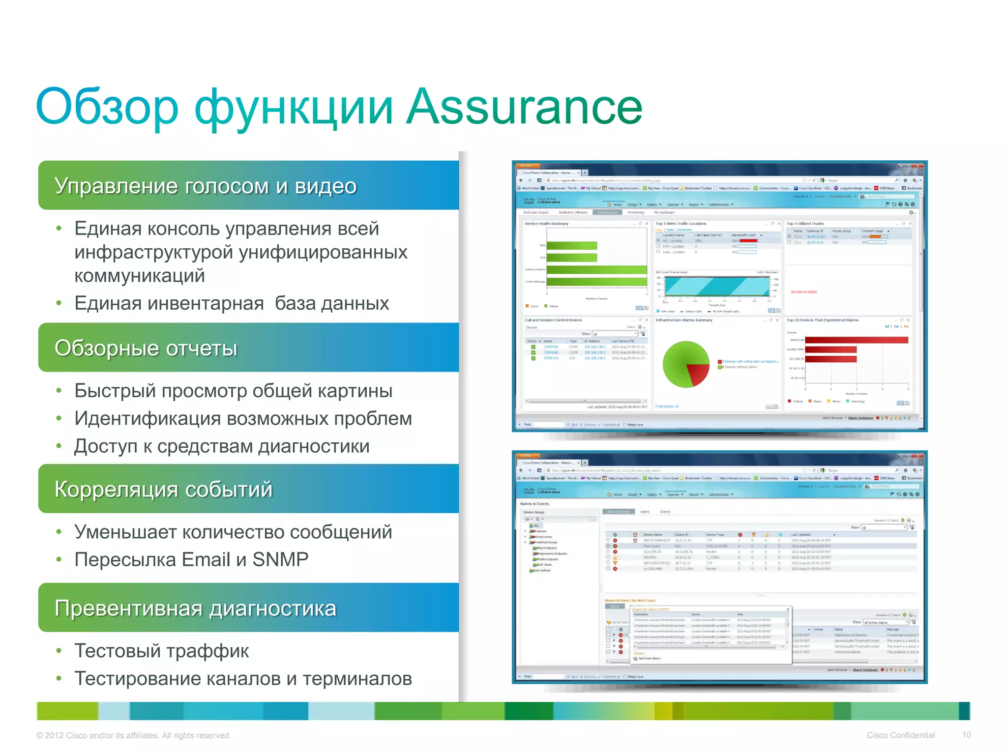 © 2012 Cisco and/or its affiliates. All rights reserved. Cisco Confidential 10
• Единая консоль управления всей
инфраструктурой унифицированных
коммуникаций
• Единая инвентарная база данных
Управление голосом и видео
• Быстрый просмотр общей картины
• Идентификация возможных проблем
• Доступ к средствам диагностики
Обзорные отчеты
• Уменьшает количество сообщений
• Пересылка Email и SNMP
Корреляция событий
• Тестовый траффик
• Тестирование каналов и терминалов
Превентивная диагностика
 