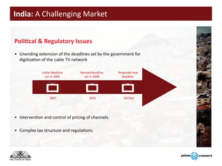 India: A Challenging Market


Political	&	Regulatory	Issues
• Unending extension of the deadlines set by the government for
  digitization of the cable TV network

              Ini al deadline     Revised deadline   Proposed new
                set in 2005         set in 2008        deadline




                   2007                 2013            2015(p)




• Intervention and control of pricing of channels.

• Complex tax structure and regulations.
 