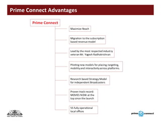 Prime	Connect	Advantages
        Prime Connect
                        Maximize Reach




                        Lead by the most respected industry
                        veteran Mr. Yogesh Radhakrishnan




                        Research based Strategy Model
                        for independent Broadcasters


                        Proven track record:
                        MOVIES NOW at the
                        top since the launch
 