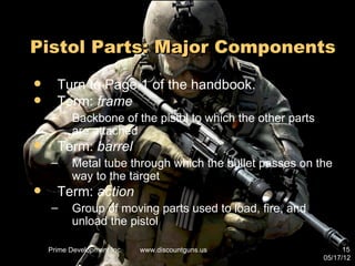 Pistol Parts: Major Components
     Turn to Page 1 of the handbook.
     Term: frame
    –      Backbone of the pistol to which the other parts
           are attached
     Term: barrel
    –      Metal tube through which the bullet passes on the
           way to the target
     Term: action
    –      Group of moving parts used to load, fire, and
           unload the pistol

    Prime Development Inc.   www.discountguns.us                   15
                                                             05/17/12
 