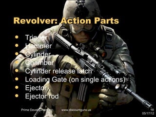 Revolver: Action Parts
     Trigger
     Hammer
     Cylinder
     Chamber
     Cylinder release latch
     Loading Gate (on single actions)
     Ejector
     Ejector rod
    Prime Development Inc.   www.discountguns.us         18
                                                   05/17/12
 