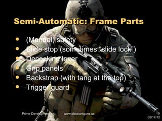 Semi-Automatic: Frame Parts

     (Manual) safety
     Slide stop (sometimes “slide lock”)
     Decocking lever
     Grip panels
     Backstrap (with tang at the top)
     Trigger guard


    Prime Development Inc.   www.discountguns.us         19
                                                   05/17/12
 