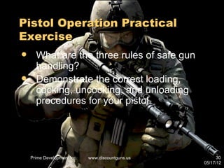 Pistol Operation Practical
Exercise
     What are the three rules of safe gun
      handling?
     Demonstrate the correct loading,
      cocking, uncocking, and unloading
      procedures for your pistol.




    Prime Development Inc.   www.discountguns.us         30
                                                   05/17/12
 