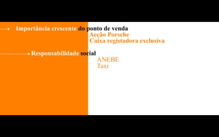 Importância crescente do ponto de venda
                          Acção Porsche
                          Caixa registadora exclusiva
     Responsabilidade social
                               ANEBE
                               Taxi
 