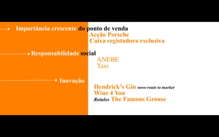 Importância crescente do ponto de venda
                          Acção Porsche
                          Caixa registadora exclusiva
     Responsabilidade social
                               ANEBE
                               Taxi

               Inovação
                           Hendrick’s Gin novo route to market
                           Wine 4 You
                           Rotulos The Famous Grouse
 