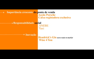 Importância crescente do ponto de venda
                          Acção Porsche
                          Caixa registadora exclusiva
     Responsabilidade social
                          ANEBE
                          Taxi

               Inovação
                          Hendrick’s Gin novo route to market
                          Wine 4 You
 