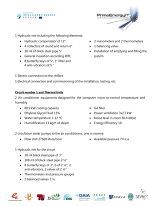 27
1 Hydraulic net including the following elements:
 Hydraulic compensator of 12"
 4 collectors of round and return 6"
 30 ml of black steel pipe 5"
 General insulation according RITE
 8 butterfly keys of 5", 3" filter and
4 anti-vibrators of 5 "
 2 manometers and 2 thermometers
 1 balancing valve
 Installation of emptying and filling the
system
1 Electric connection to the chillers
1 Electrical connection and commissioning of the installation, testing, etc.
Circuit number 1 and Thermal Units
2 Air conditioner equipments designed for the computer room to control temperature and
humidity
 80.9 kW cooling capacity
 Ethylene Glycol Fluid 15%
 Water temperature 7-12 ºC
 Humidification 13 kg/h of steam
 G4 filter
 Power ventilation 3x2,7 kW
 Noise level in room 66.4 dB(A)
 Energy Efficiency 10
2 circulation water pumps to the air conditioners, one in reserve:
 Flow Unit 27500 litres/hour  Available pressure 7m.c.a.
1 Hydraulic net for the circuit
 10 ml black steel pipe of 3"
 108 ml of black steel pipe 2 ½"
 8 butterfly keys of 3", 6 of 2 ½", 2
anti-vibrators, 2 valves of 2 ½"
 Thermometers and pressure gauges
 2 balanced valves 2 ½
 