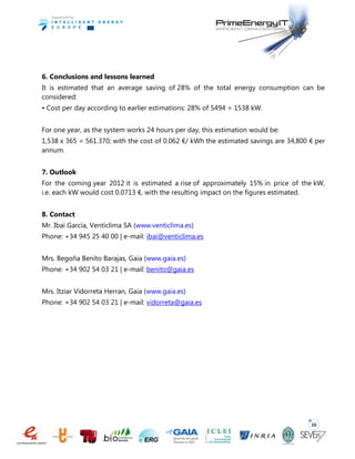 30
6. Conclusions and lessons learned
It is estimated that an average saving of 28% of the total energy consumption can be
considered:
• Cost per day according to earlier estimations: 28% of 5494 = 1538 kW.
For one year, as the system works 24 hours per day, this estimation would be:
1,538 x 365 = 561.370; with the cost of 0.062 €/ kWh the estimated savings are 34,800 € per
annum.
7. Outlook
For the coming year 2012 it is estimated a rise of approximately 15% in price of the kW,
i.e. each kW would cost 0.0713 €, with the resulting impact on the figures estimated.
8. Contact
Mr. Ibai García, Venticlima SA (www.venticlima.es)
Phone: +34 945 25 40 00 | e-mail: ibai@venticlima.es
Mrs. Begoña Benito Barajas, Gaia (www.gaia.es)
Phone: +34 902 54 03 21 | e-mail: benito@gaia.es
Mrs. Itziar Vidorreta Herran, Gaia (www.gaia.es)
Phone: +34 902 54 03 21 | e-mail: vidorreta@gaia.es
 