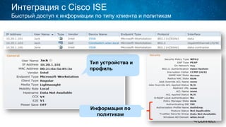 Интеграция с Cisco ISE
Быстрый доступ к информации по типу клиента и политикам
Тип устройства и
профиль
Информация по
политикам
 