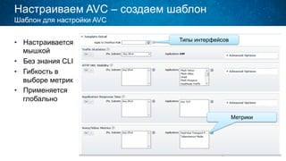 Настраиваем AVC – создаем шаблон
•  Настраивается
мышкой
•  Без знания CLI
•  Гибкость в
выборе метрик
•  Применяется
глобально
Шаблон для настройки AVC
Типы интерфейсов
Метрики
 