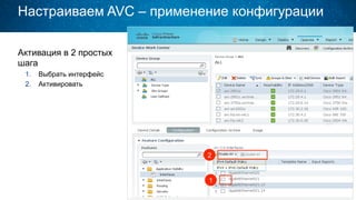 Настраиваем AVC – применение конфигурации
Активация в 2 простых
шага
1.  Выбрать интерфейс
2.  Активировать
40
1
2
 
