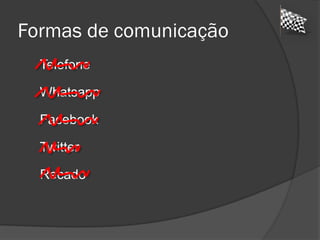Formas de comunicação
Telefone
Whatsapp
Facebook
Twitter
Recado
 