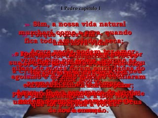 21-   Por causa disto, vocês podem pôr sua confiança em Deus, que levantou a Cristo dentre os mortos e lhe deu grande glória. Agora a fé e a esperança de vocês podem descansar somente nele. 22-   Agora vocês podem ter amor verdadeiro por todos, porque as almas de vocês foram purificadas do egoísmo e do ódio quando confiaram em Cristo, como seu salvador; portanto procurem amar na verdade uns aos outros ardentemente  de todo coração. I Pedro capítulo 1 23-   Porque vocês têm  uma nova vida. Ela não foi transmitida a vocês por seus pais, pois a vida que eles lhes deram se desvanecerá. Esta vida nova durará para sempre, pois provém de Cristo,  a mensagem sempre viva de Deus aos homens. 24-   Sim, a nossa vida natural murchará como a erva, quando fica toda amarelada e seca;  e toda a nossa grandeza é como  a flor que murcha e cai;  25-   mas a Palavra do Senhor permanecerá para sempre. E a sua mensagem é a Boa Nova que foi pregada a vocês. 