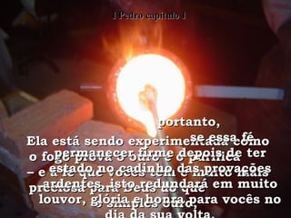 Ela está sendo experimentada como o fogo prova o ouro e o purifica  – e a fé que vocês têm é muito mais preciosa para Deus do que  o simples ouro;  portanto,  se essa fé permanecer firme depois de ter estado no cadinho das provações ardentes, isto redundará em muito louvor, glória e honra para vocês no dia da sua volta. I Pedro capítulo 1 