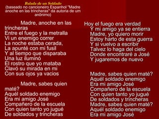 Balada de un Soldado
(baseado no cancioneiro Espanhol "Madre
anoche en las trincheras" da autoria de um
anônimo)
Madre, anoche en las
trincheras
Entre el fuego y la metralla
Vi un enemigo correr
La noche estaba cerada,
La apunté con mi fusil
Y al tiempo que disparaba
Una luz iluminó
El rostro que yo mataba
Clavó su mirada en mi
Con sus ojos ya vacios
Madre, sabes quien
maté?
Aquél soldado enemigo
Era mi amigo José
Compañero de la escuela
Con quien tanto yo jugué
De soldados y trincheras
Hoy el fuego era verdadHoy el fuego era verdad
Y mi amigo ya se entierraY mi amigo ya se entierra
Madre, yo quiero morirMadre, yo quiero morir
Estoy harto de esta guerraEstoy harto de esta guerra
Y si vuelvo a escribirY si vuelvo a escribir
Talvez lo haga del cieloTalvez lo haga del cielo
Donde encontraré a JoséDonde encontraré a José
Y jugaremos de nuevoY jugaremos de nuevo
Madre, sabes quien maté?Madre, sabes quien maté?
Aquél soldado enemigoAquél soldado enemigo
Era mi amigo JoséEra mi amigo José
Compañero de la escuelaCompañero de la escuela
Con quien tanto yo juguéCon quien tanto yo jugué
De soldados y trincherasDe soldados y trincheras
Madre, sabes quien maté?Madre, sabes quien maté?
Aquél soldado enemigoAquél soldado enemigo
Era mi amigo JoséEra mi amigo José
 
