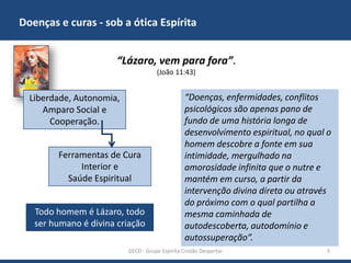 Doenças e curas - sob a ótica Espírita
“Lázaro, vem para fora”.
(João 11:43)

Liberdade, Autonomia,
Amparo Social e
Cooperação.
Ferramentas de Cura
Interior e
Saúde Espiritual
Todo homem é Lázaro, todo
ser humano é divina criação

“Doenças, enfermidades, conflitos
psicológicos são apenas pano de
fundo de uma história longa de
desenvolvimento espiritual, no qual o
homem descobre a fonte em sua
intimidade, mergulhado na
amorosidade infinita que o nutre e
mantém em curso, a partir da
intervenção divina direta ou através
do próximo com o qual partilha a
mesma caminhada de
autodescoberta, autodomínio e
autossuperação”.

GECD - Grupo Espírita Cristão Despertar

3

 