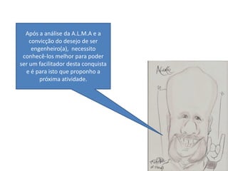 Após a análise da A.L.M.A e a
    convicção do desejo de ser
     engenheiro(a), necessito
 conhecê-los melhor para poder
ser um facilitador desta conquista
  e é para isto que proponho a
        próxima atividade.
 