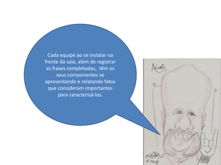 Cada equipe ao se instalar na
frente da sala, além de registrar
 as frases completadas, têm os
      seus componentes se
apresentando e relatando fatos
  que consideram importantes
       para caracterizá-los.
 