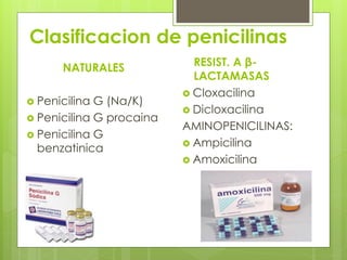 Clasificacion de penicilinas
NATURALES
 Penicilina

G (Na/K)
 Penicilina G procaina
 Penicilina G
benzatinica

RESIST. A βLACTAMASAS
 Cloxacilina
 Dicloxacilina
AMINOPENICILINAS:
 Ampicilina
 Amoxicilina

 