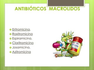 ANTIBIÓTICOS MACROLIDOS

 Eritromicina.
 Roxitromicina
 Espiramicina.

 Claritromicina
 Josamicina.
 Azitromicina

 