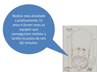 Realizo esta atividade
  a praticamente 15
 anos e foram raras as
      equipes que
conseguiram realizar a
tarefa no prazo de seis
      (6) minutos.
 