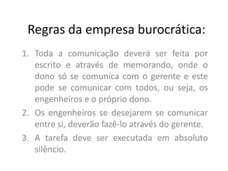 Regras da empresa burocrática:
1. Toda a comunicação deverá ser feita por
   escrito e através de memorando, onde o
   dono só se comunica com o gerente e este
   pode se comunicar com todos, ou seja, os
   engenheiros e o próprio dono.
2. Os engenheiros se desejarem se comunicar
   entre si, deverão fazê-lo através do gerente.
3. A tarefa deve ser executada em absoluto
   silêncio.
 