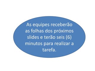 As equipes receberão
as folhas dos próximos
 slides e terão seis (6)
minutos para realizar a
         tarefa.
 