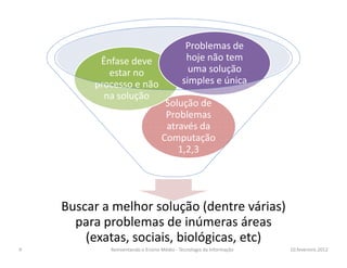 Problemas de
          Ênfase deve                       hoje não tem
            estar no                         uma solução
         processo e não                    simples e única
           na solução
                                   Solução de
                                   Problemas
                                   através da
                                  Computação
                                      1,2,3




    Buscar a melhor solução (dentre várias)
      para problemas de inúmeras áreas
        (exatas, sociais, biológicas, etc)
9           Reinventando o Ensino Médio - Tecnologia da Informação   10.fevereiro.2012
 