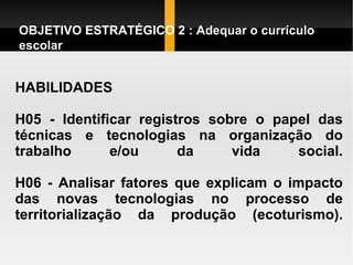 HABILIDADES H05 - Identificar registros sobre o papel das técnicas e tecnologias na organização do trabalho e/ou da vida social. H06 - Analisar fatores que explicam o impacto das novas tecnologias no processo de territorialização da produção (ecoturismo). OBJETIVO ESTRATÉGICO 2 : Adequar o currículo escolar  